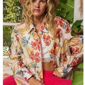 POL Floral Button-Down Shirt in Cream, Red & Yellow NWOT
